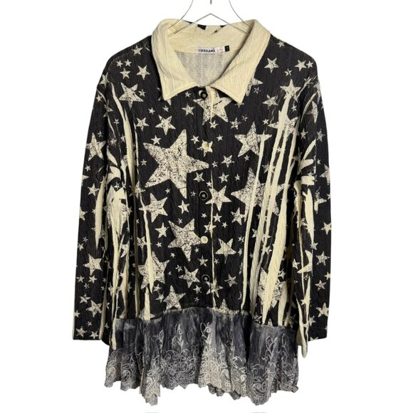 Origami by Vivien Plus Size Star Print Button Down Cardigan Jacket lagenlook - Picture 8 of 8